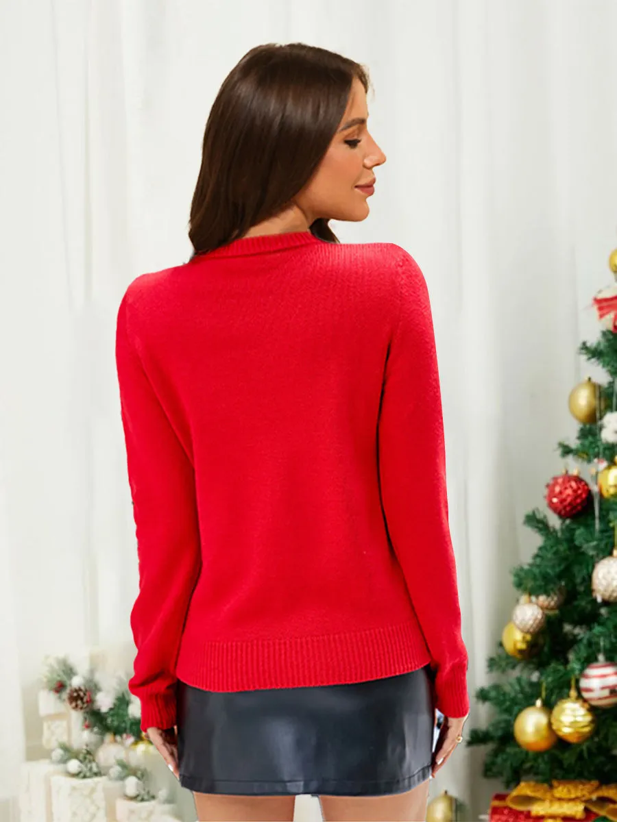 Red Thickened knit Crewneck Pullover Rib Christmas Sweater With Sequins sold by Lavetir product image thumbnail 2