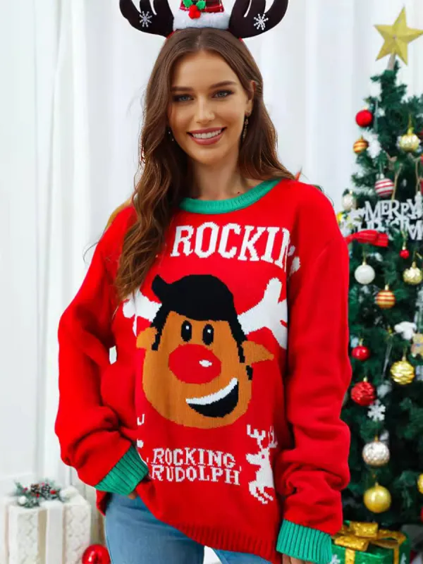 Crewneck Pullover Rib Knit Cartoon Jacquard Christmas Sweater sold by Lavetir
