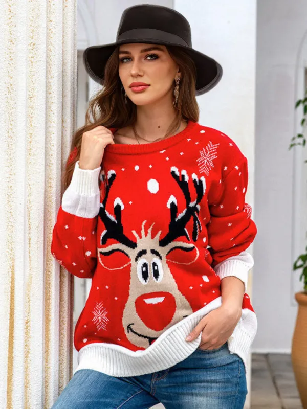 Knitted Pullover Crewneck Rib Knit Reindeer Jacquard Christmas Sweater sold by Lavetir