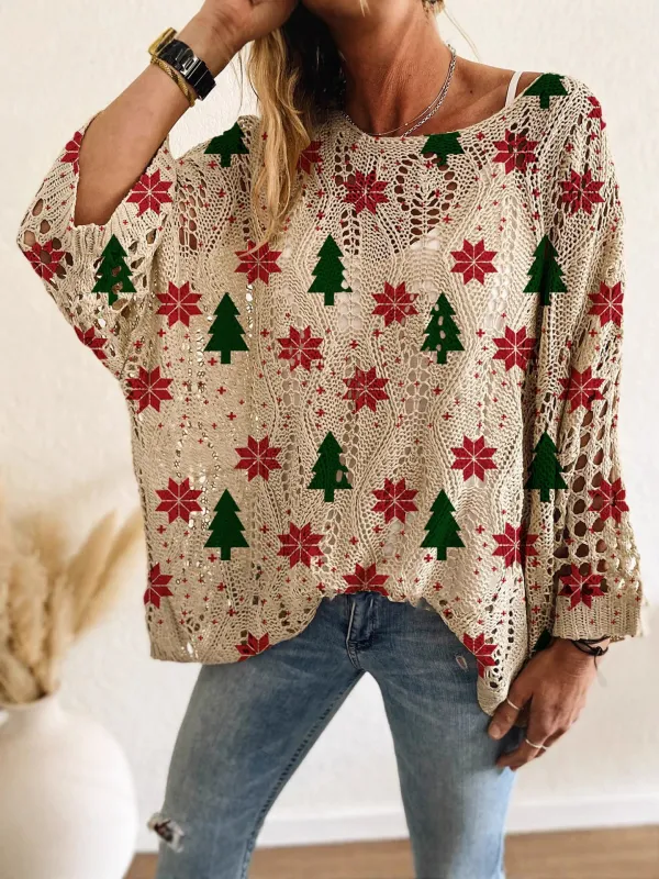 Women's Soft Crocheted Crew Neck Long Sleeves Christmas Sweater sold by Lavetir