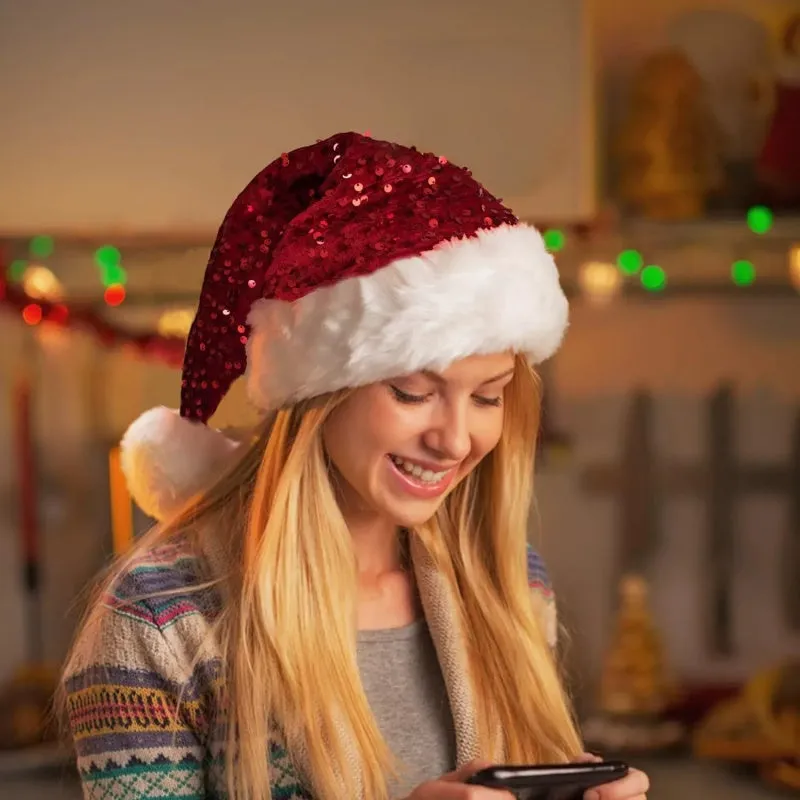 Red Sequins Long Haired Christmas Hat Headwear with White Pom-poms sold by Lavetir