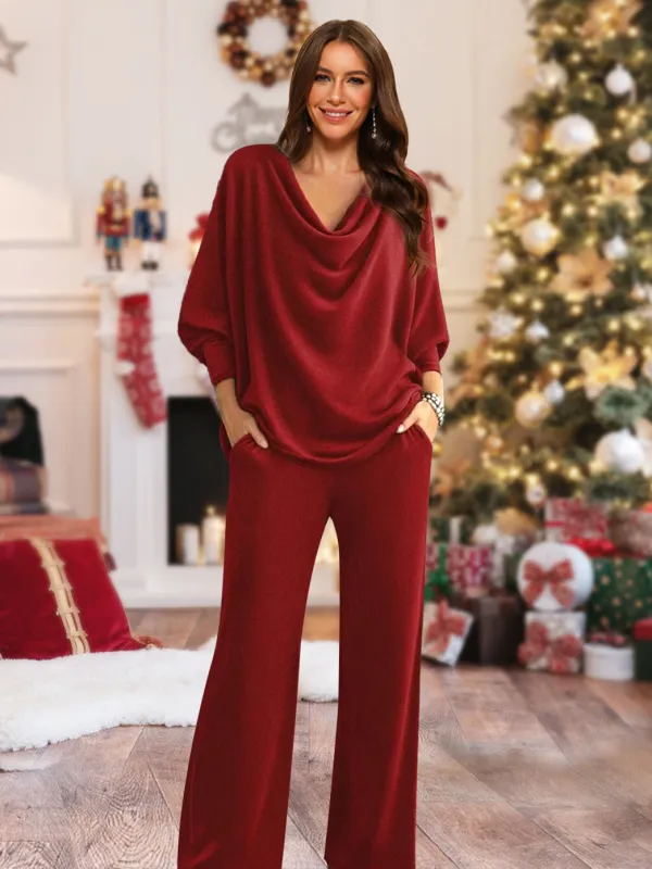 Boat Neck Long Sleeves Women's Christmas Elegant Cozy Two-Piece Loungewear Set sold by Lavetir