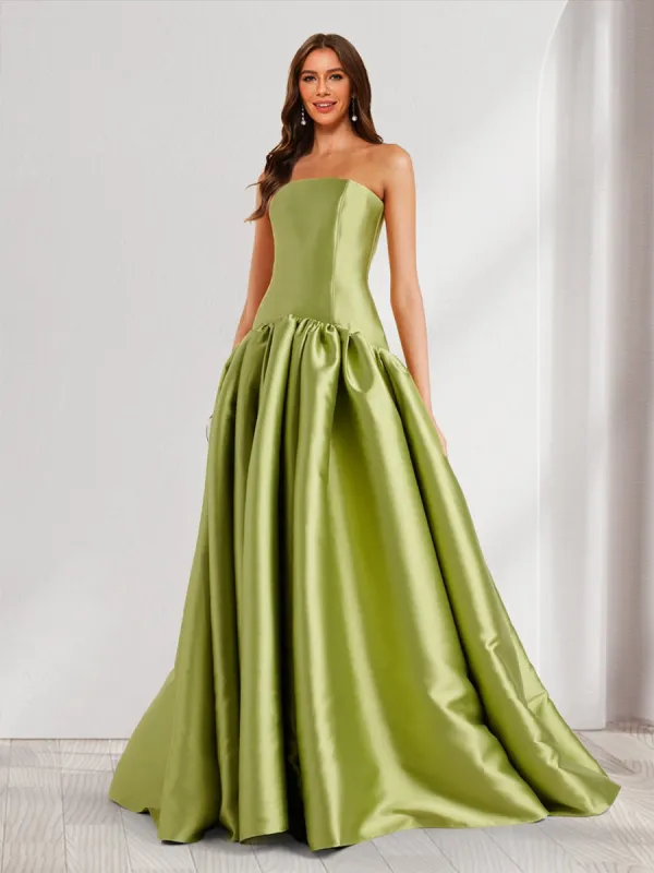 A-Line/Princess Strapless Sweep Train Ruched Bridesmaid Dresses sold by Lavetir