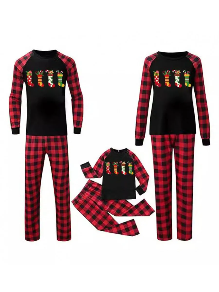 Crew Neck Red Black Plaid Christmas Pajamas Family Set With Christmas Sock Print sold by Lavetir product image thumbnail 2