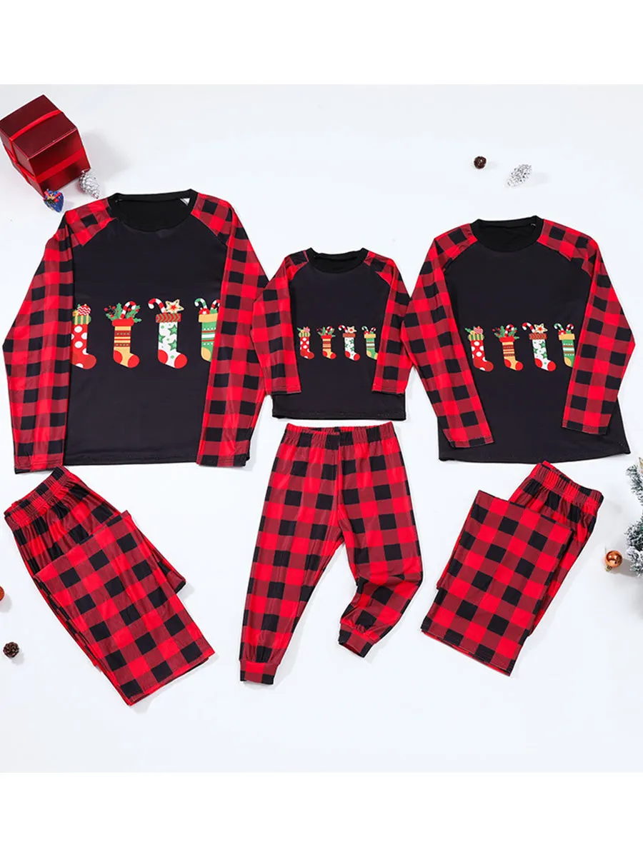 Crew Neck Red Black Plaid Christmas Pajamas Family Set With Christmas Sock Print sold by Lavetir product image thumbnail 3