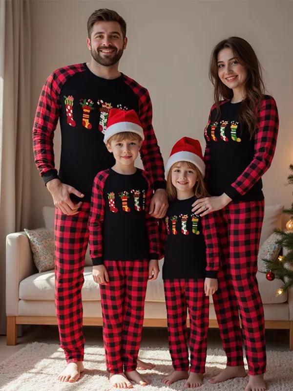 Crew Neck Red Black Plaid Christmas  Pajamas Family Set With Christmas Sock Print sold by Lavetir