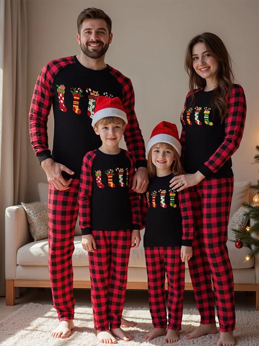 Crew Neck Red Black Plaid Christmas Pajamas Family Set With Christmas Sock Print sold by Lavetir