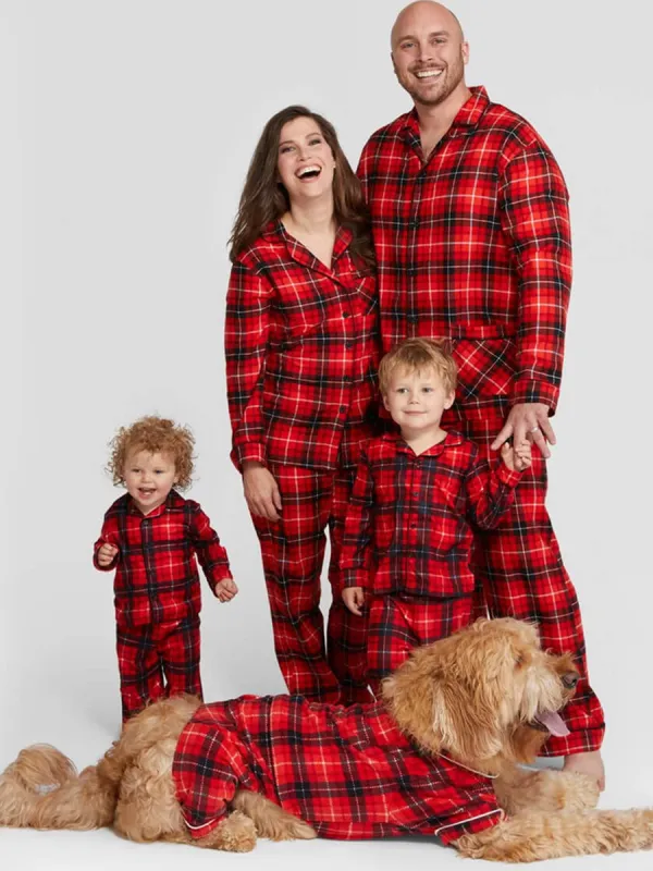Lapel Collar Button-Front Black Red Plaid Print Christmas Pajamas Family Set sold by Lavetir
