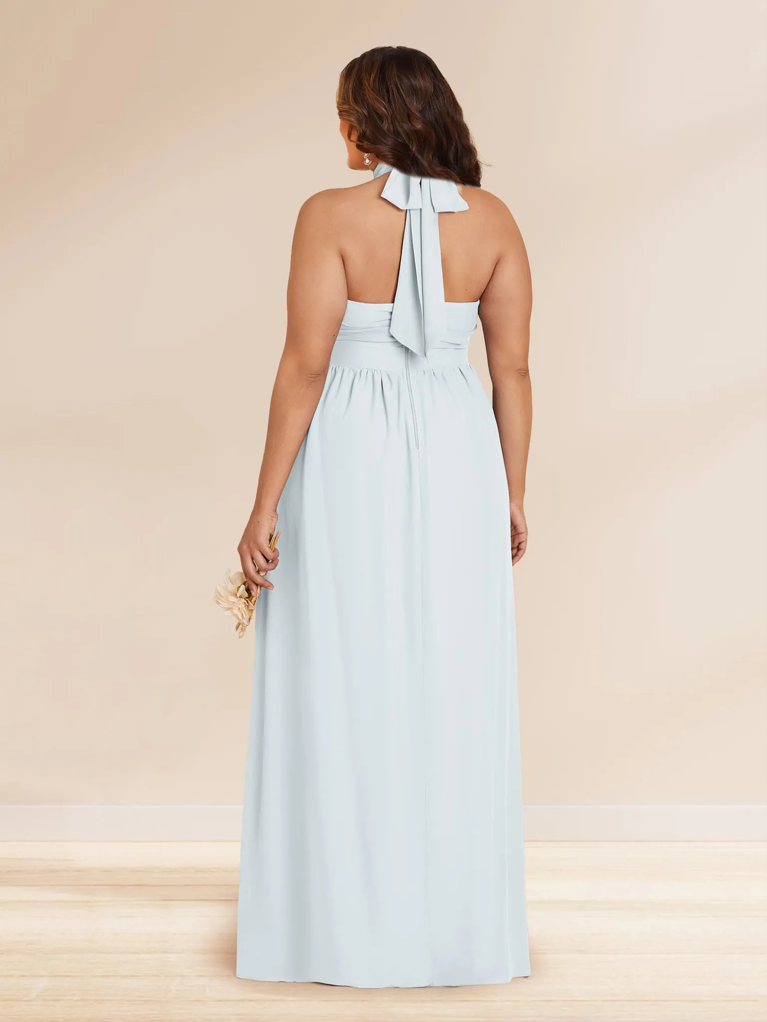 Chiffon A-Line/Princess Halter Plus Size Bridesmaid Dresses with Split Side & Ruffles sold by Lavetir product image thumbnail 2