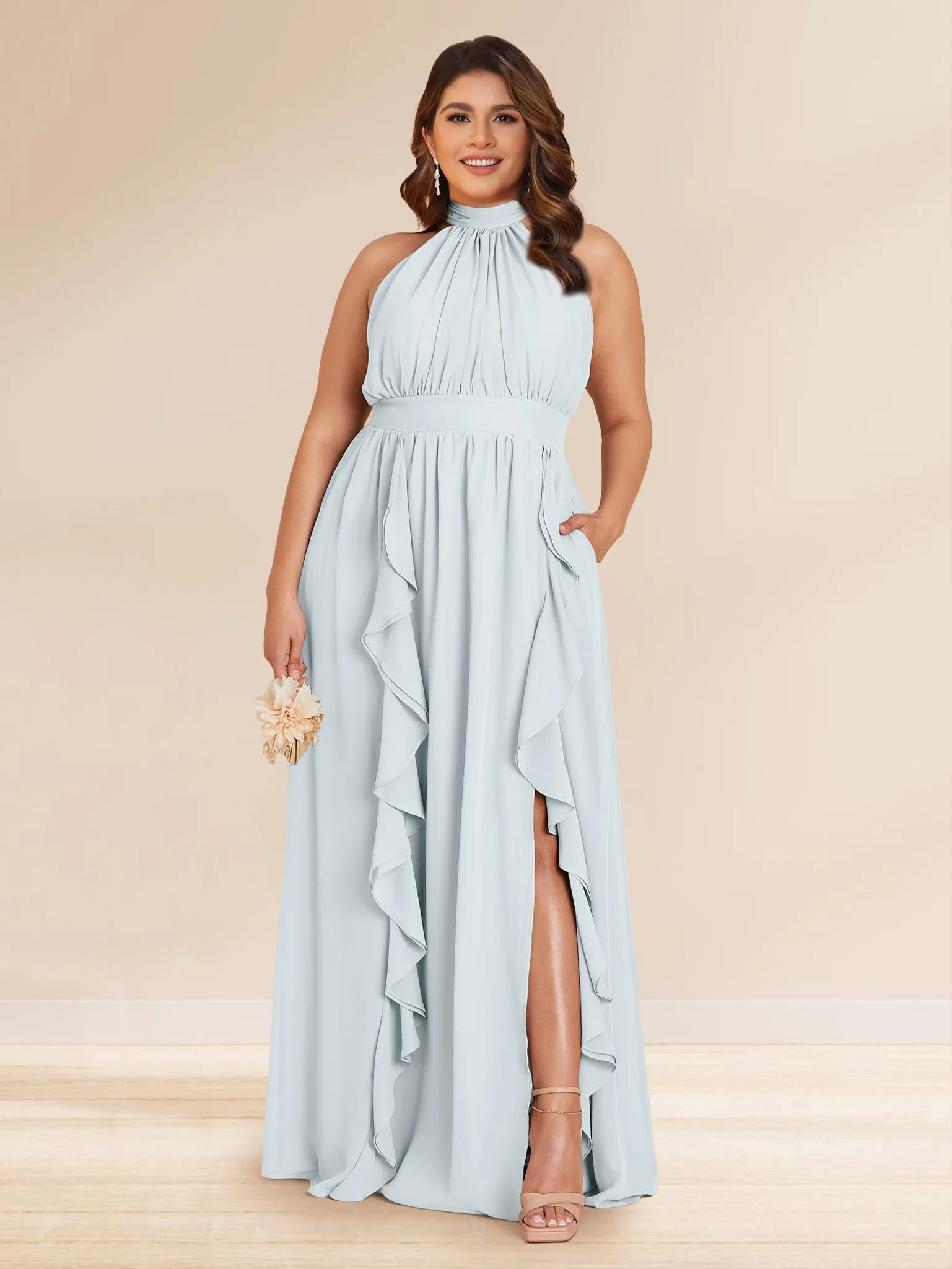 Chiffon A-Line/Princess Halter Plus Size Bridesmaid Dresses with Split Side & Ruffles sold by Lavetir