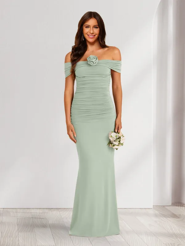Sheath/Column Off-the-Shoulder Sleeveless Ruched Bridesmaid Dresses with 3D Floral sold by Lavetir
