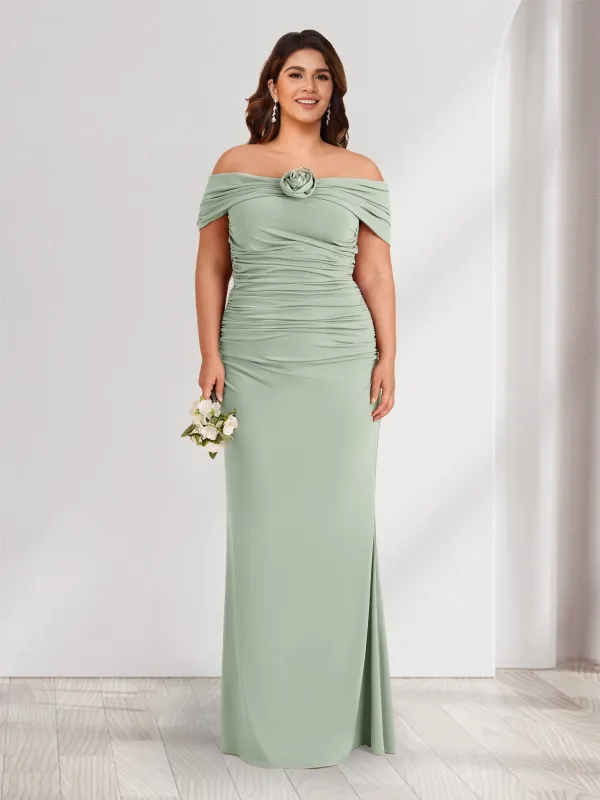 Sheath/Column Off-the-Shoulder Sleeveless Ruched Plus Size Bridesmaid Dresses with 3D Floral sold by Lavetir