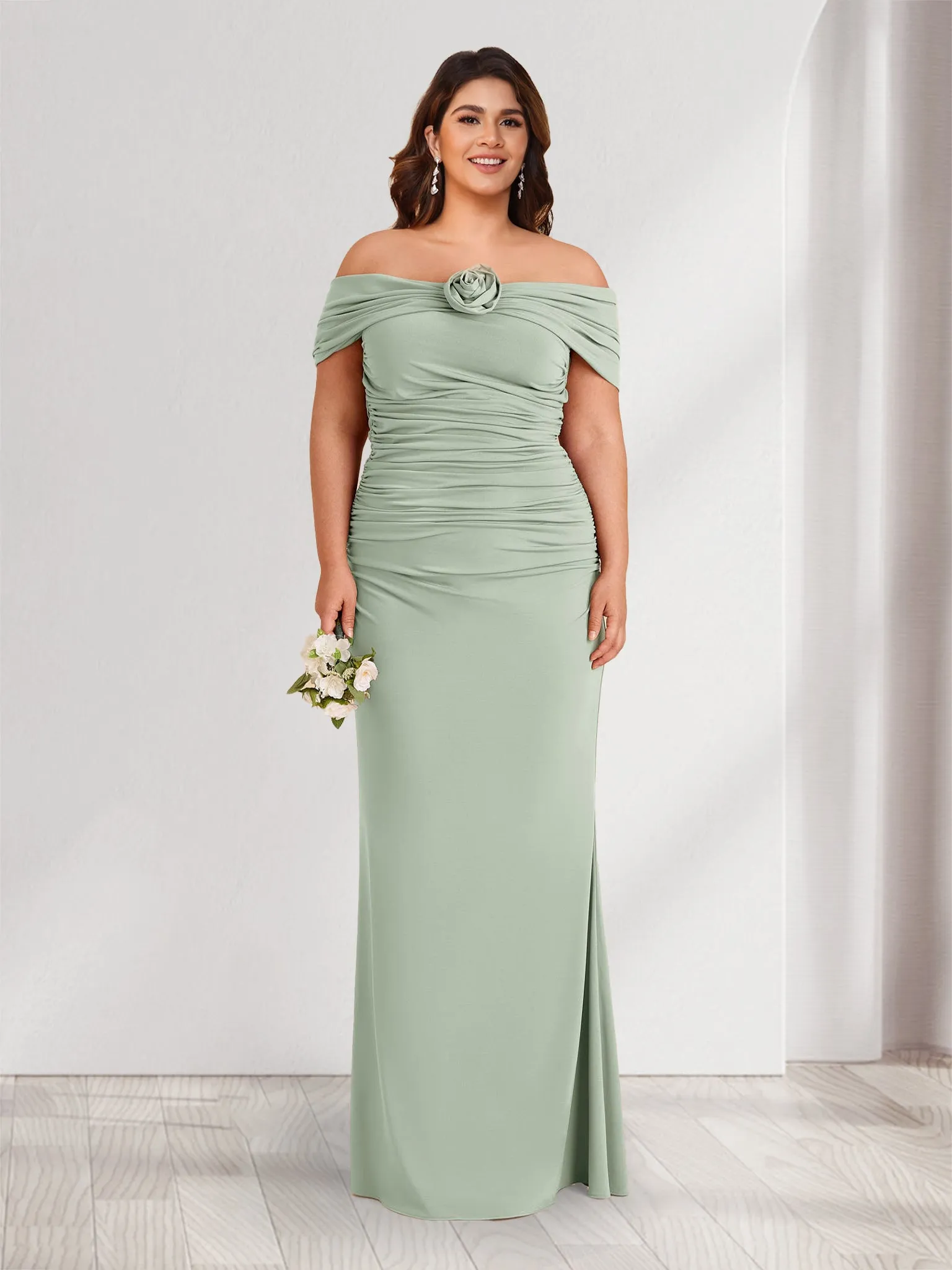 Sheath/Column Off-the-Shoulder Sleeveless Ruched Plus Size Bridesmaid Dresses with 3D Floral sold by Lavetir