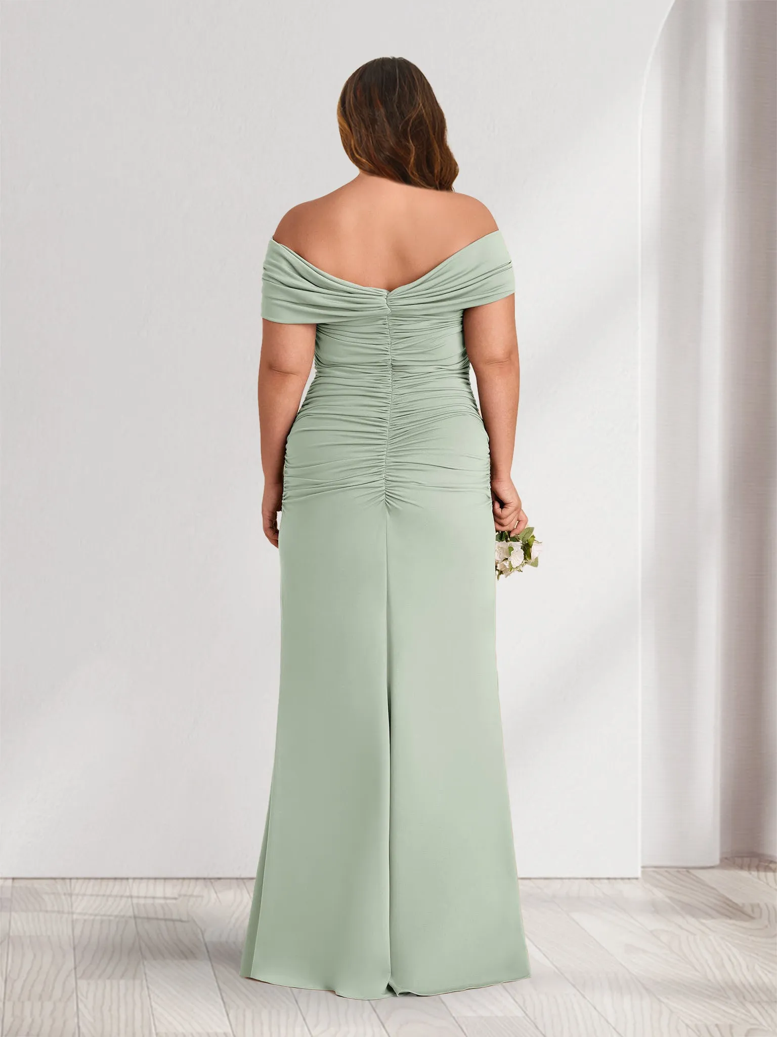 Sheath/Column Off-the-Shoulder Sleeveless Ruched Plus Size Bridesmaid Dresses with 3D Floral sold by Lavetir product image thumbnail 2