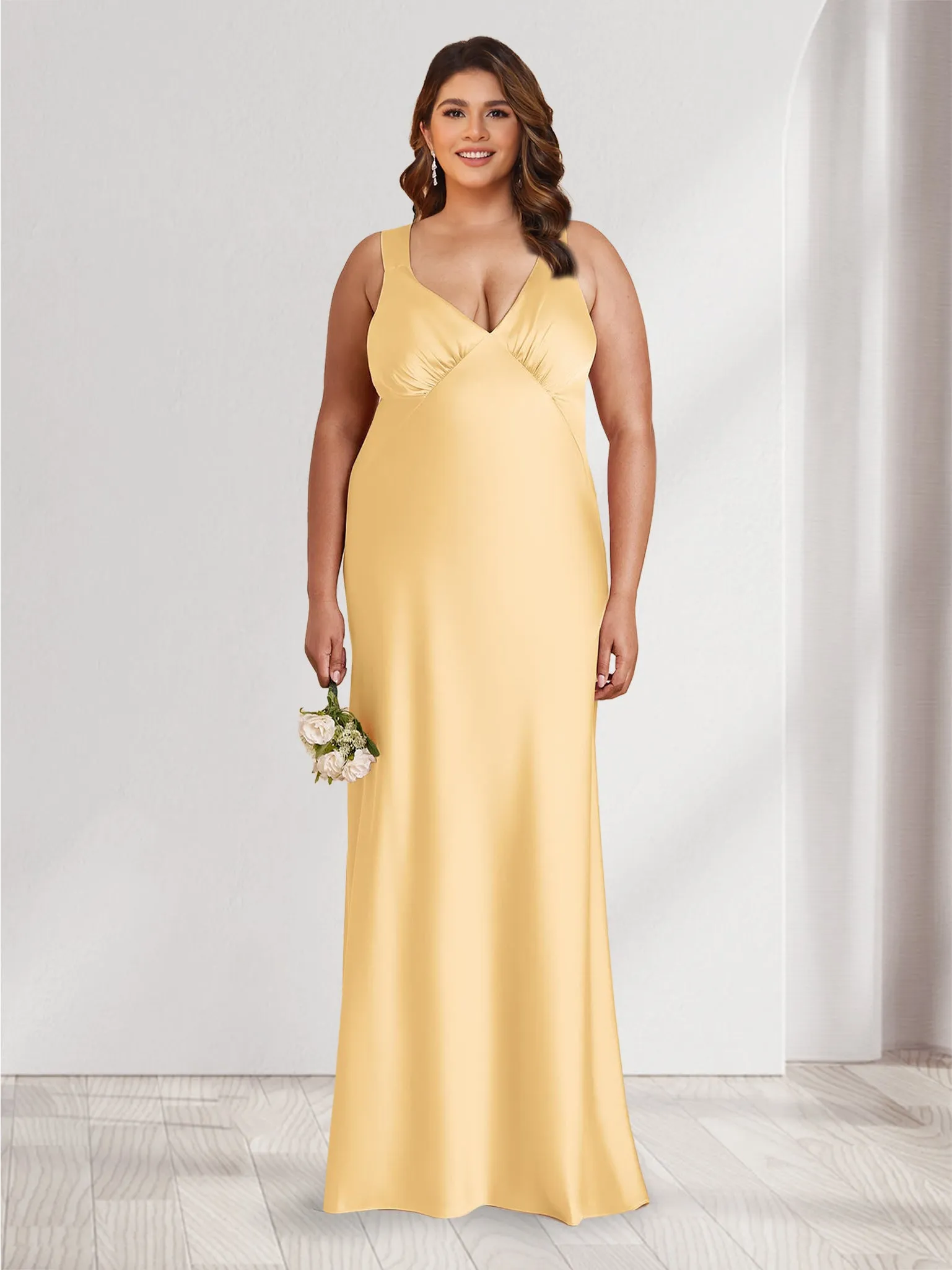 A-Line/Princess V-Neck Sleeveless Floor-Length Ruched Plus Size Bridesmaid Dresses sold by Lavetir