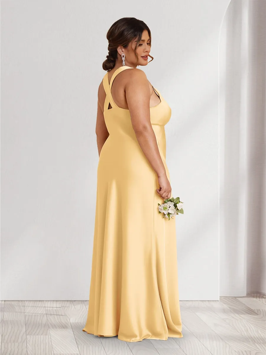 A-Line/Princess V-Neck Sleeveless Floor-Length Ruched Plus Size Bridesmaid Dresses sold by Lavetir product image thumbnail 2