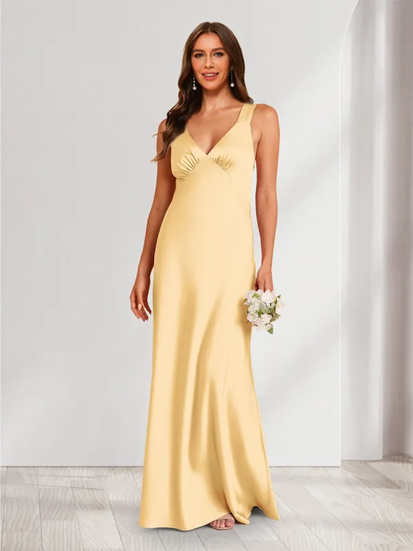 A-Line/Princess V-Neck Sleeveless Floor-Length Ruched Bridesmaid Dresses sold by Lavetir