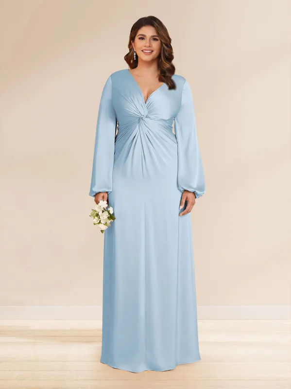 Sheath/Column V-Neck Long Sleeves Long Ruched Plus Size Bridesmaid Dresses sold by Lavetir