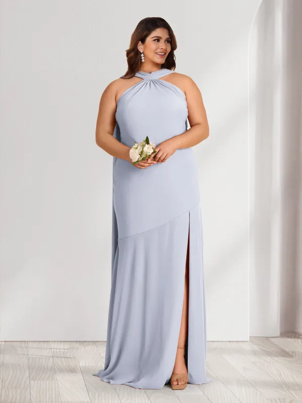Sheath/Column Halter Ruched Plus Size Bridesmaid Dresses with Split Side sold by Lavetir
