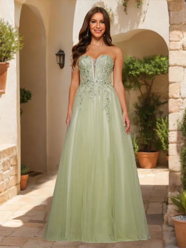 A-Line/Princess Strapless Floor-Length Prom Dresses With Appliques & Sequins sold by Lavetir