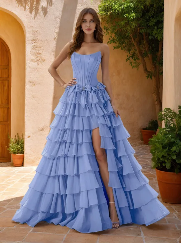 A-Line/Princess Strapless Sweep Train Prom Dresses With Bows & Split Side sold by Lavetir