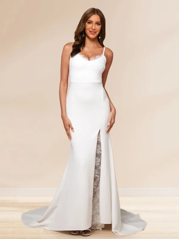 Sheath/Column Spaghetti Straps Sweep Train Prom Dresses With Lace sold by Lavetir