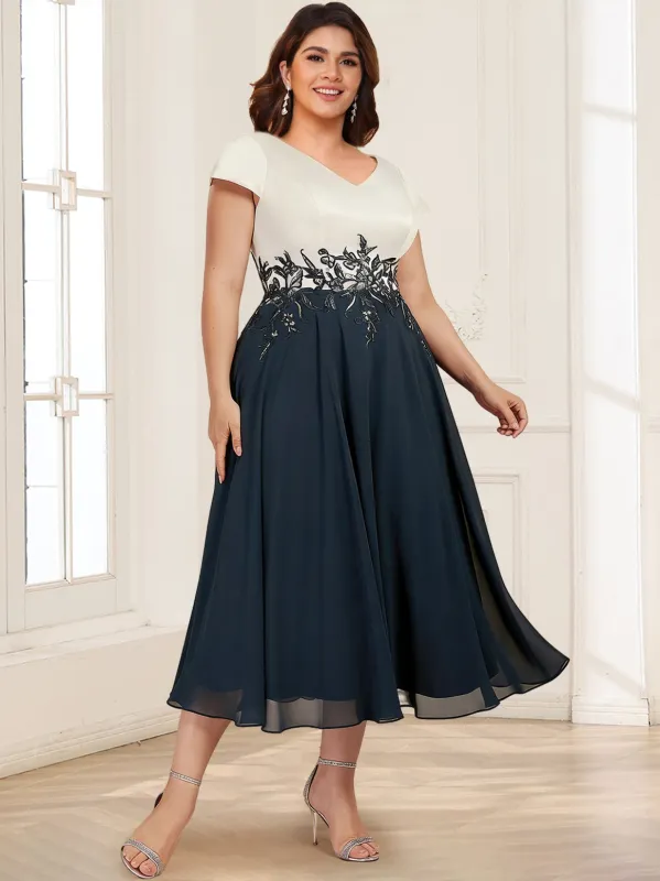 A-Line/Princess V-Neck Tea-Length Plus Size Mother of the Bride Dresses with Appliques sold by Lavetir