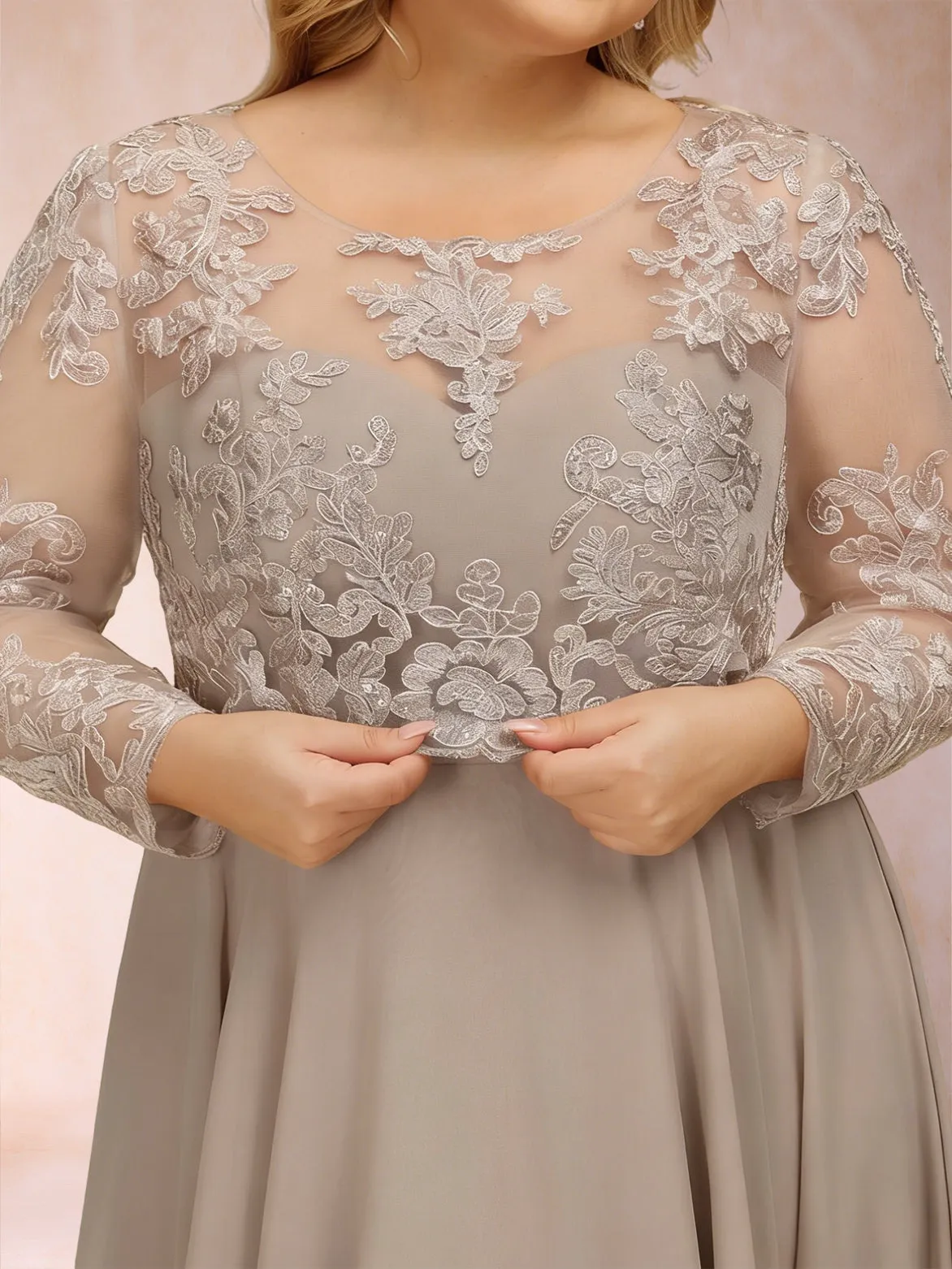 Chiffon A-Line/Princess Illusion Crew Neck Long Sleeves Plus Size Mother of the Bride Dresses With Sequins & Appliques sold by Lavetir product image thumbnail 3