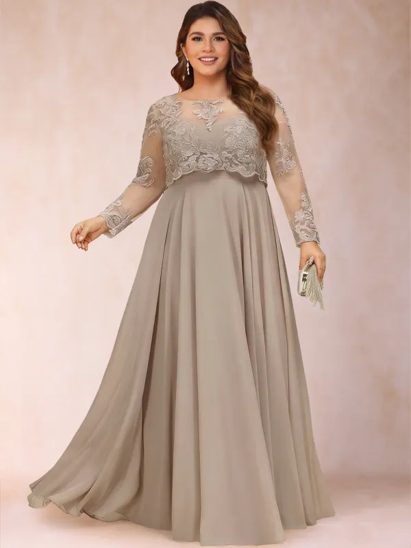 Chiffon A-Line/Princess Illusion Crew Neck Long Sleeves Plus Size Mother of the Bride Dresses With Sequins & Appliques sold by Lavetir