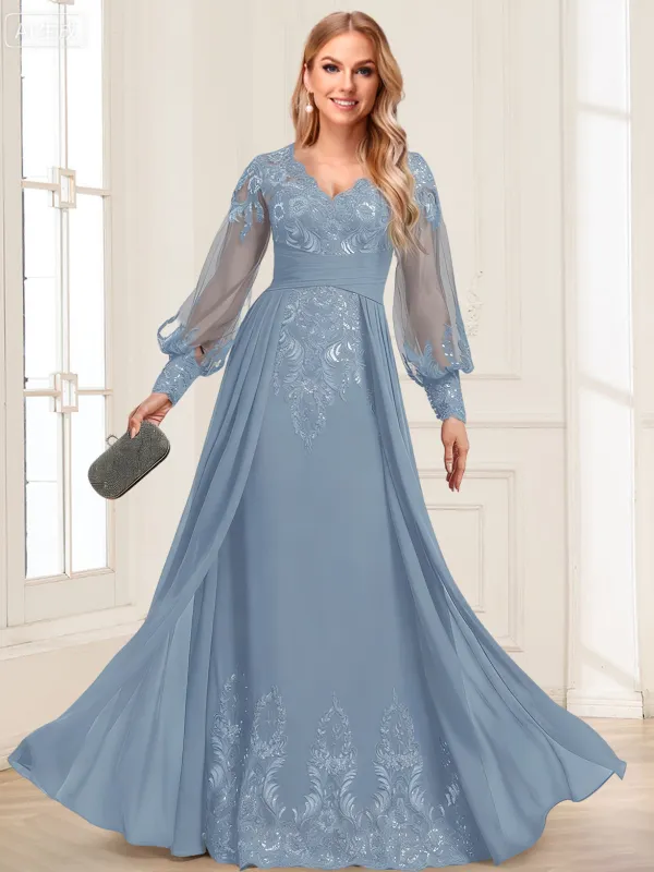 Sheath/Column V-Neck Long Sleeves Floor-Length Mother of the Bride Dresses With Sequins & Overskirt sold by Lavetir