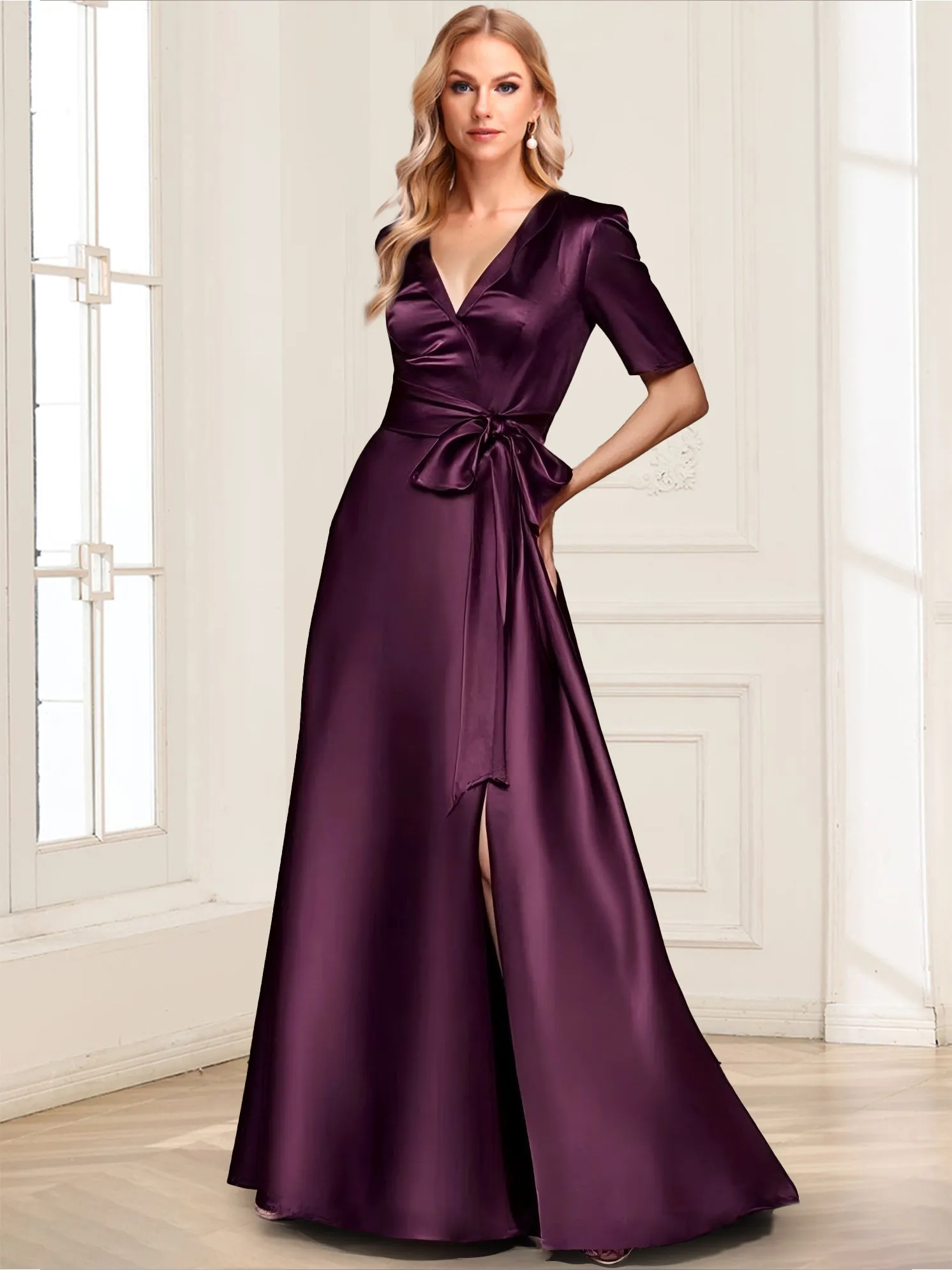 A-Line/Princess V-Neck Short Sleeves Mother of the Bride Dresses With Bow sold by Lavetir