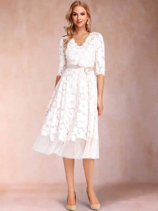 A-Line/Princess V-Neck Half Sleeves Mother of the Bride Dresses with Floral Lace sold by Lavetir