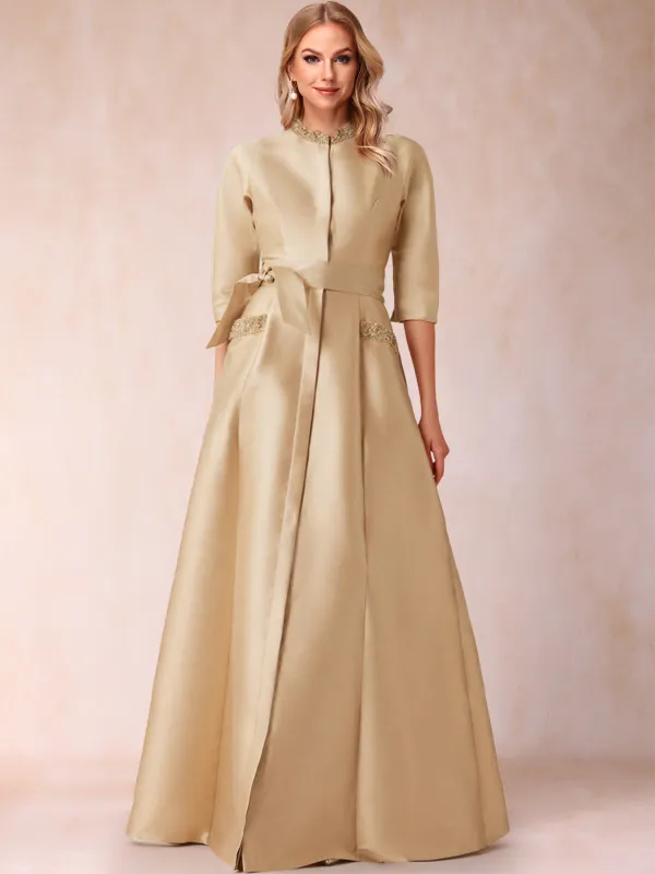 A-Line/Princess Bead Collar Half Sleeves Mother of the Bride Dresses With Belt sold by Lavetir
