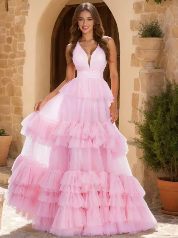 A-Line/Princess V-Neck Tiered Floor-Length Prom Dresses With Ruffles sold by Lavetir