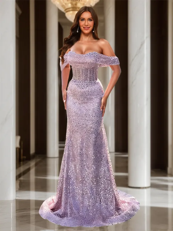 Sequin Trumpet/Mermaid Off-the-Shoulder Prom Dresses with Beadings sold by Lavetir