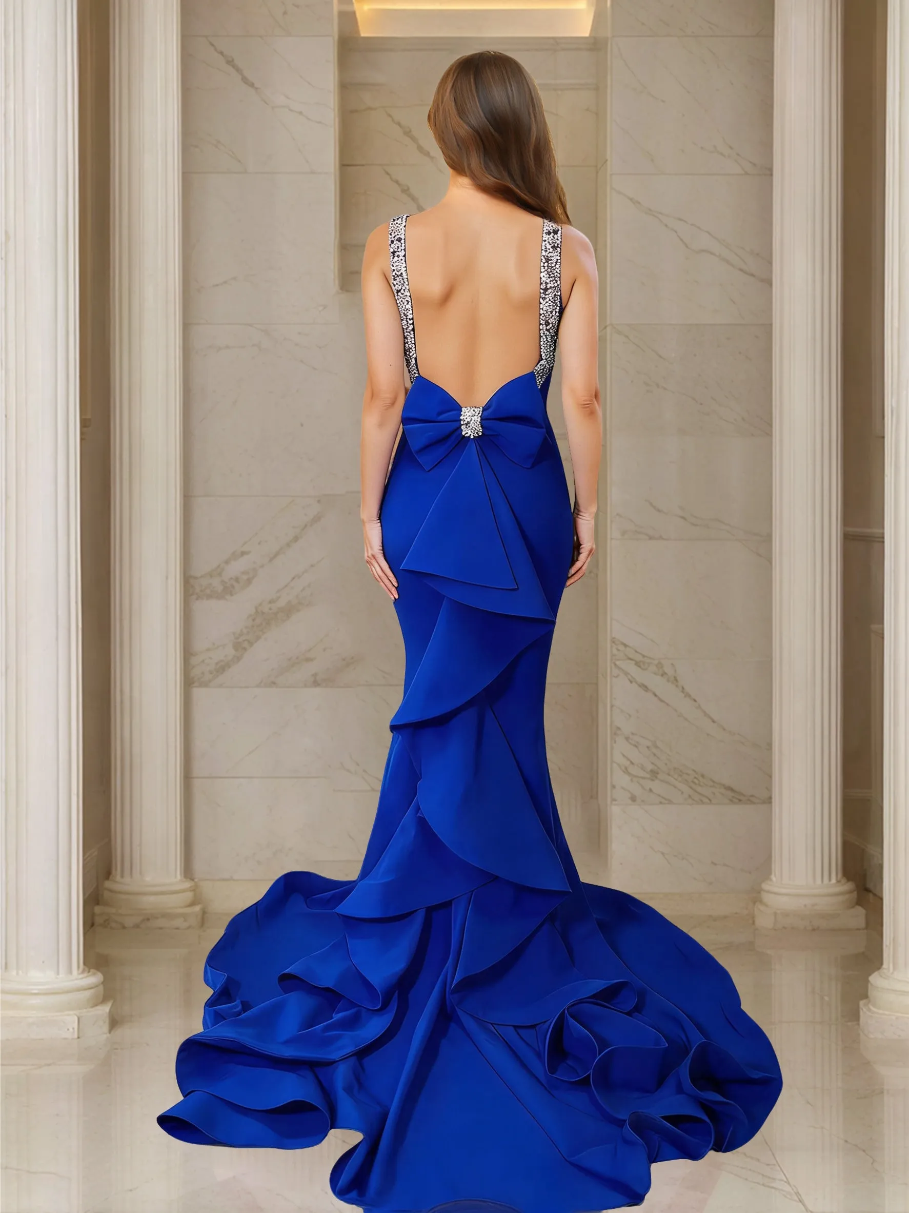 Trumpet/Mermaid Scoop Sleeveless Sweep Train Prom Dresses With Bow(s) & Beadings sold by Lavetir product image thumbnail 2