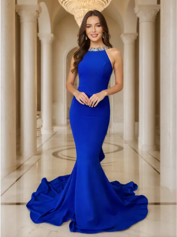 Trumpet/Mermaid Scoop Sleeveless Sweep Train Prom Dresses With Bow(s) & Beadings sold by Lavetir