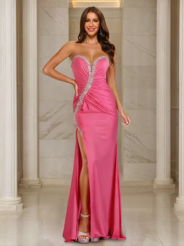 Sheath/Column Sweetheart Ruched Prom Dresses With Beading & High Split sold by Lavetir