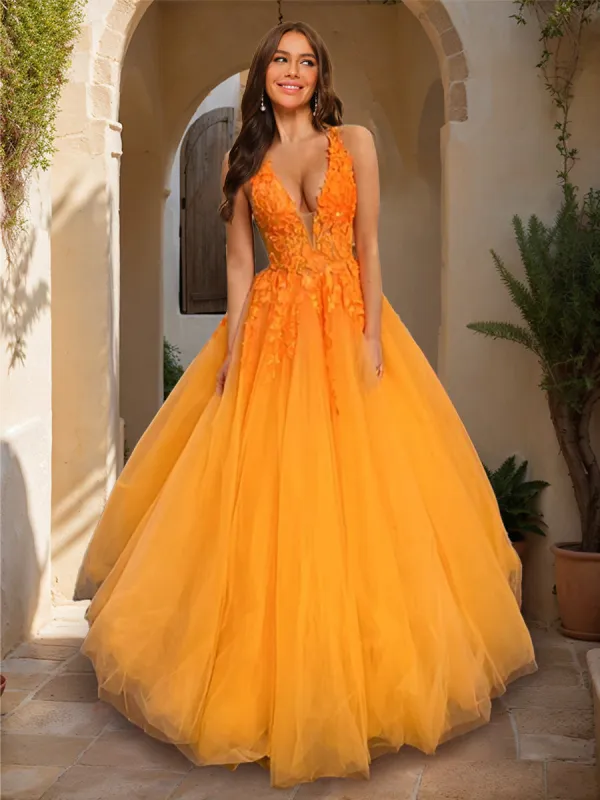 Ball Gown V-Neck Sleeveless Floor-Length Prom Dresses With Lace Appliques sold by Lavetir