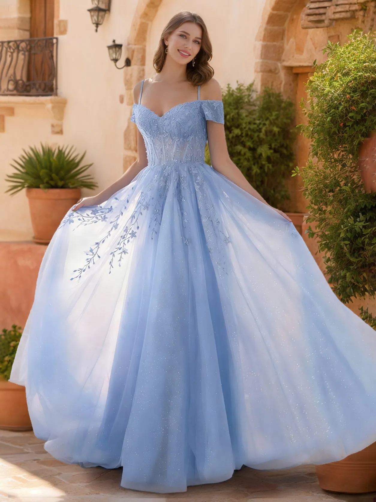 Ball Gown Cold Shoulder Short Sleeves Prom Dresses With Appliques sold by Lavetir