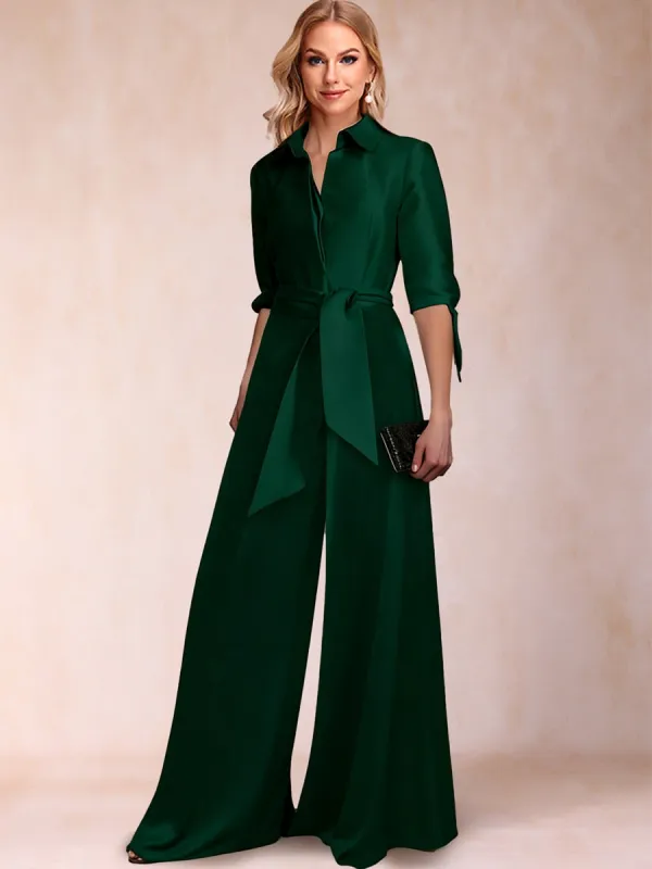 Satin Separates V-Neck Half Sleeves Pantsuits with Sash sold by Lavetir