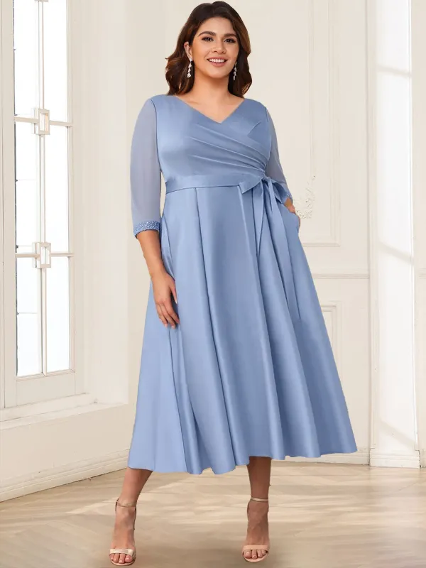 Satin A-Line/Princess V-Neck 3/4 Sleeves Plus Size Mother of the Bride Dresses With Bow(s) sold by Lavetir
