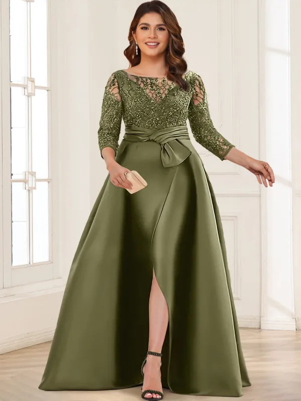 Satin A-Line/Princess Illusion Neck Plus Size Mother of the Bride Dresses With Lace Appliques & Split Front sold by Lavetir
