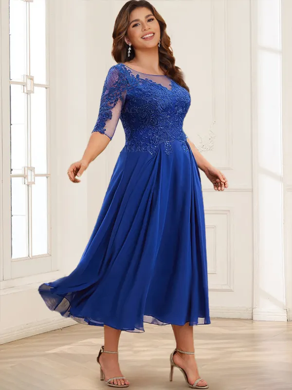 A-Line/Princess Illusion Neck Chiffon Plus Size Mother of the Bride Dresses With Appliques Lace sold by Lavetir