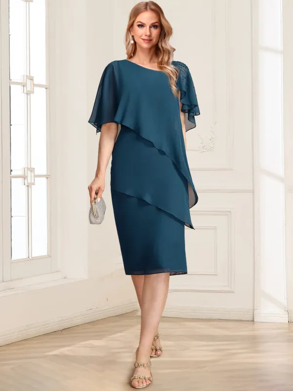Sheath/Column Asymmetrical Short Sleeves Mother of the Bride Dresses With Ruffles & Beadings sold by Lavetir