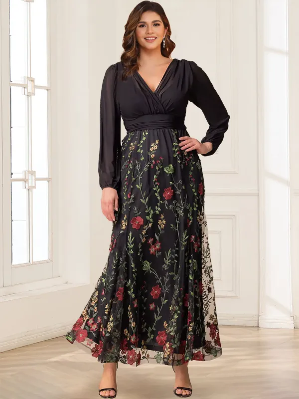 A-Line/Princess V-Neck Long Sleeves Plus Size Mother of the Bride Dresses With Floral Embroidered sold by Lavetir