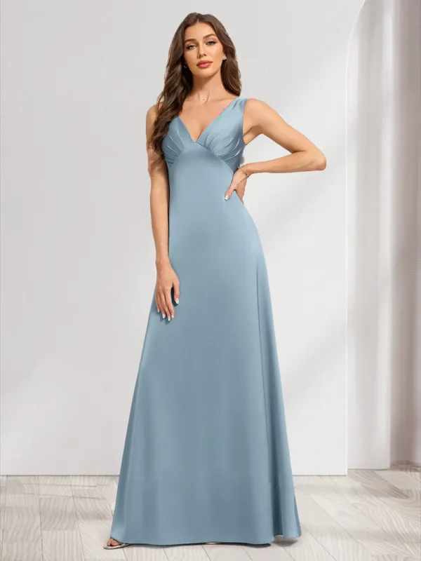 Satin A-line V-Neck Sleeveless Ruched Bridesmaid Dresses sold by Lavetir