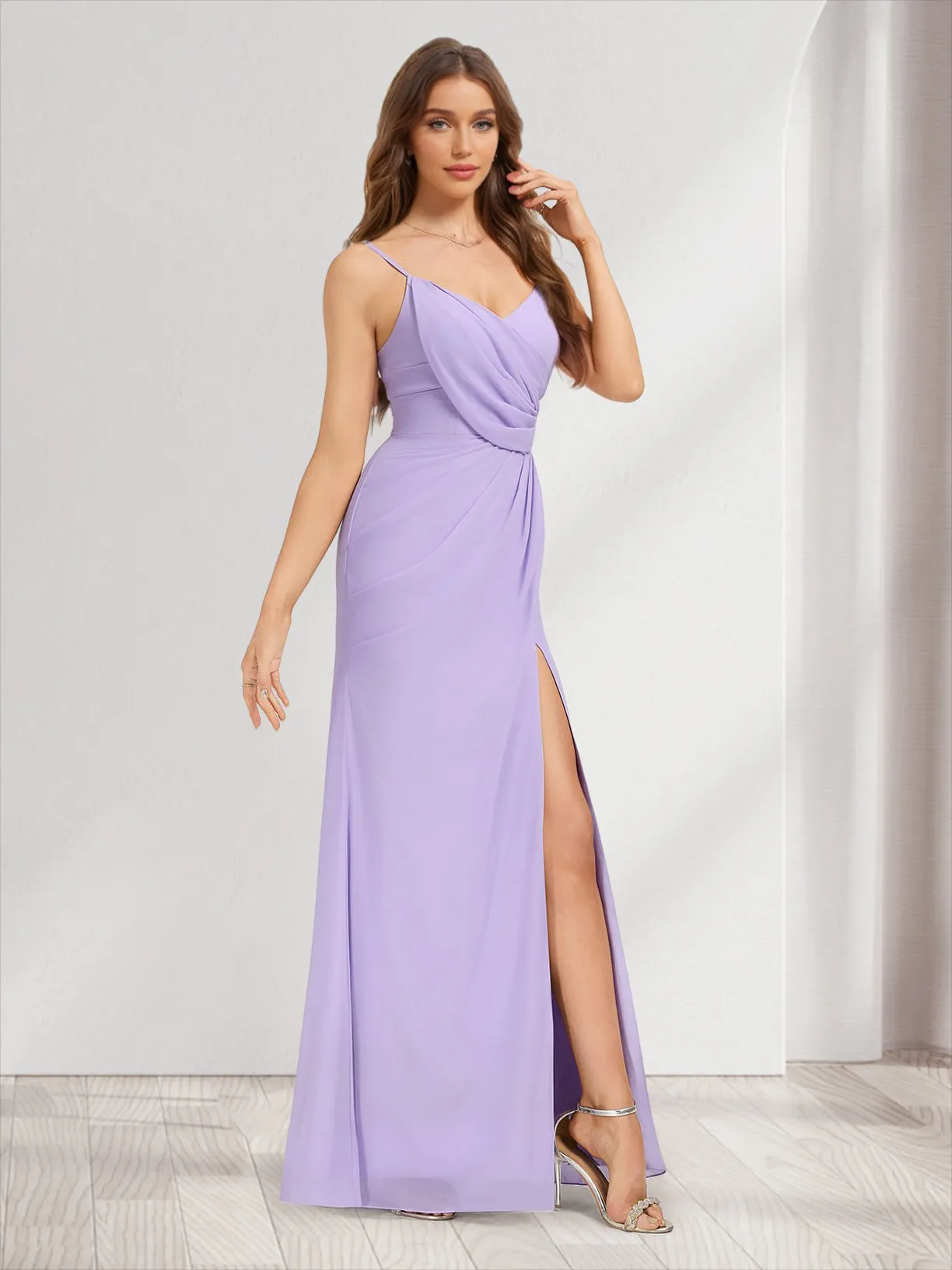 Chiffon Trumpet/Mermaid V-Neck Sleeveless Bridesmaid Dresses with Split Side & Ruffles sold by Lavetir