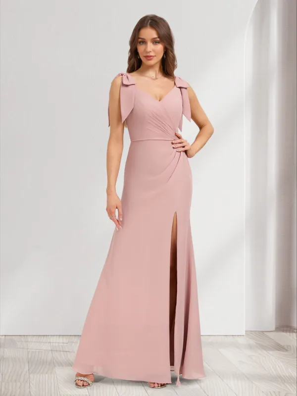 A-Line/Princess V-Neck Floor-Length Bridesmaid Dresses with Bow & Split Side sold by Lavetir