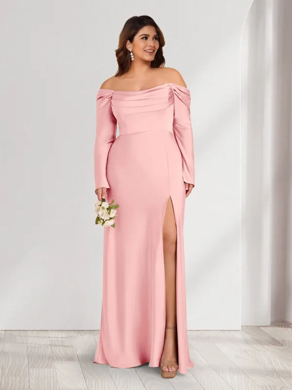 Sheath/Column Off-the-Shoulder Long Sleeves Ruched Plus Size Bridesmaid Dresses with Split Side sold by Lavetir